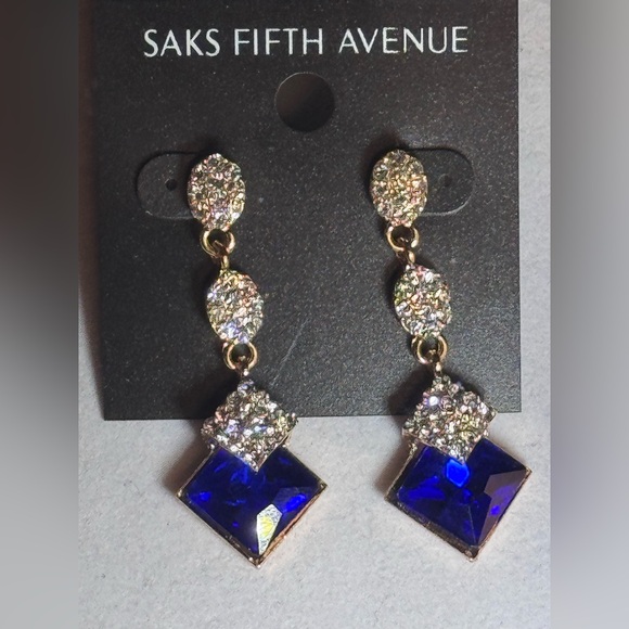 Saks Fifth Ave Pave Teardrop Crystal Post With Drop Blue Crystal Earrings - Picture 3 of 9